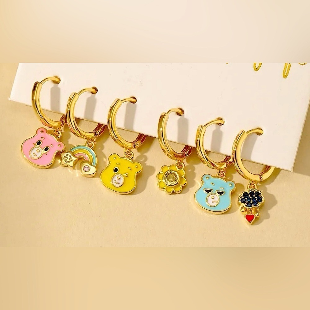 14K Gold Care Bears Heads Theme Huggie Hoop Mismatched Asymmetrical Earrings Set